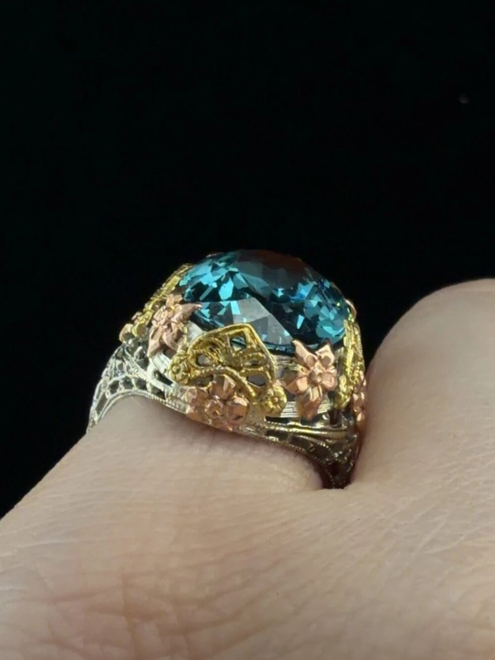 Vintage 14K Tri-Color Gold Oval Blue Spinel Floral Cocktail Ring 16x12mm Estate - Picture 3 of 13